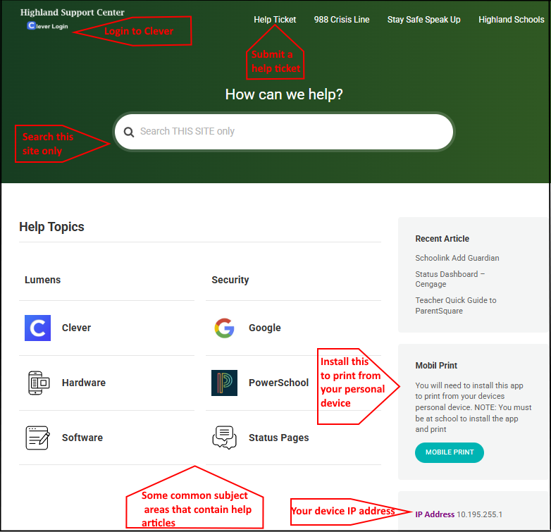 Support Page start page